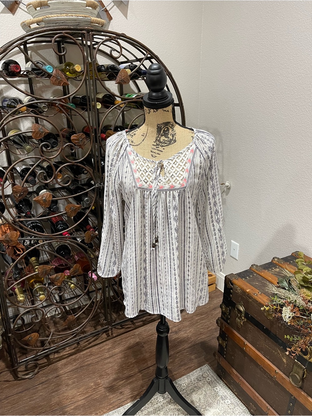 Rewind White Striped Peasant Blouse with Black and Pink Accents